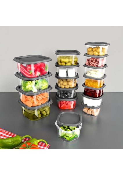 17'li Kare Erzak Gıda Saklama Kabı Seti - Mikrodalga Derin Dondurucuya Uygun Saklama Kabı Antrasit