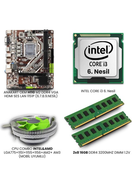 I3 6100 6. Nesil + H110 1151PIN Anakart + Işlemci Combo Fan + 16GB Ddr4 Ram Set Bundle