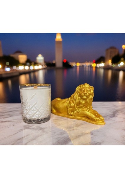 Büyük Boy Gold Eliysia Soya Wax Cam Bardak Mum Aslan Dekoratif Obje Takımı Hediyelik