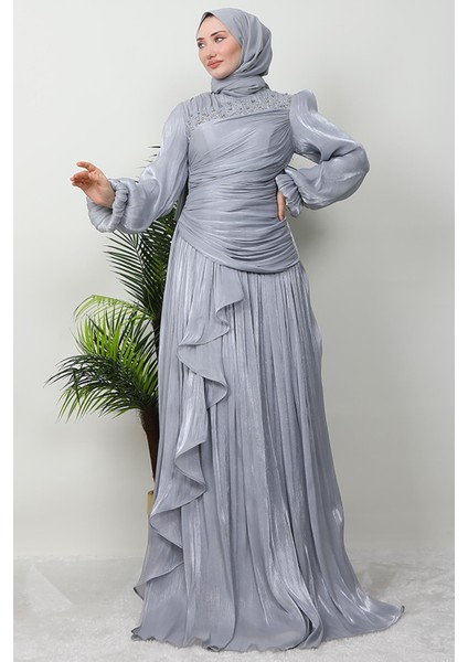 Tülin Tesettür Abiye Gri