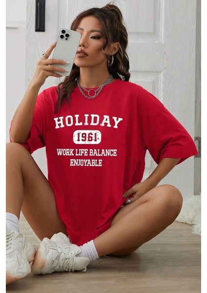 Kadın Holiday Baskılı Tasarım T-Shirt Oversize Salaş