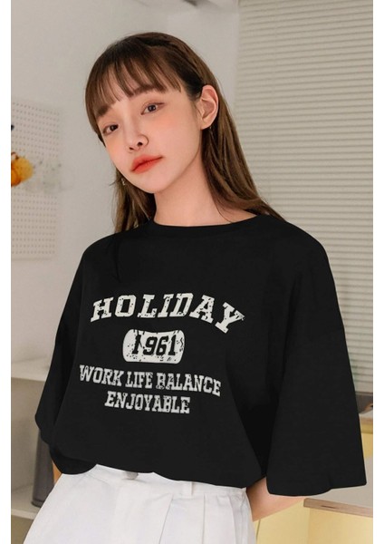 Kadın Holiday Baskılı Tasarım T-Shirt Oversize Salaş