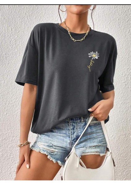 Papatya Baskılı Yazlık Pamuklu Kumaş Oversize Kalıp Tshirt Salaş