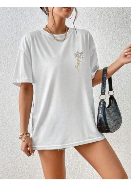 Papatya Baskılı Yazlık Pamuklu Kumaş Oversize Kalıp Tshirt Salaş