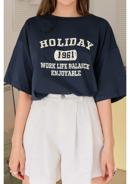 Kadın Holiday Baskılı Tasarım T-Shirt Oversize Salaş fırsatları