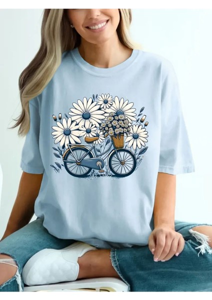 Kadın Çiçek ve Bisiklet Baskılı Bebe Mavisi T-Shirt Oversize Salaş