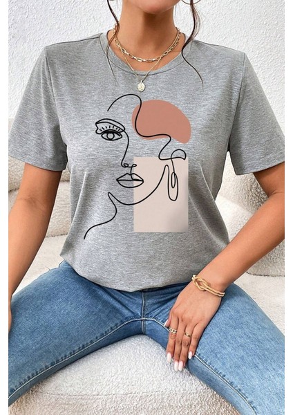 Kadın Make Up Siluet Baskılı Tasarım Tshirt Oversize Salaş