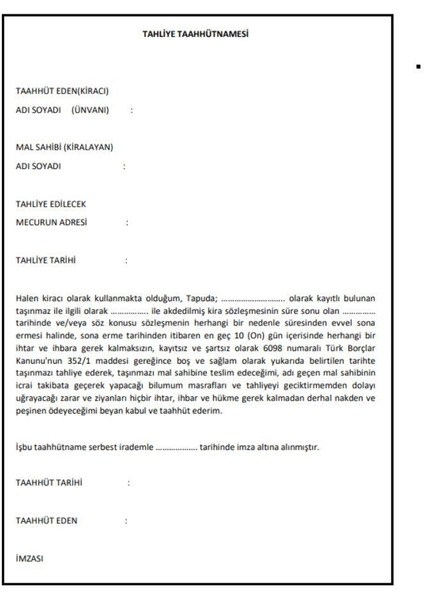 Kira Tahliye Taahhütnamesi 1 Adet