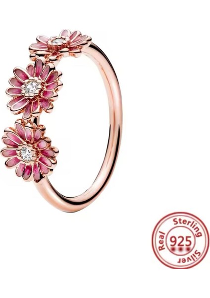 Gümüş Pembe Papatya Üçlemesi Yüzük