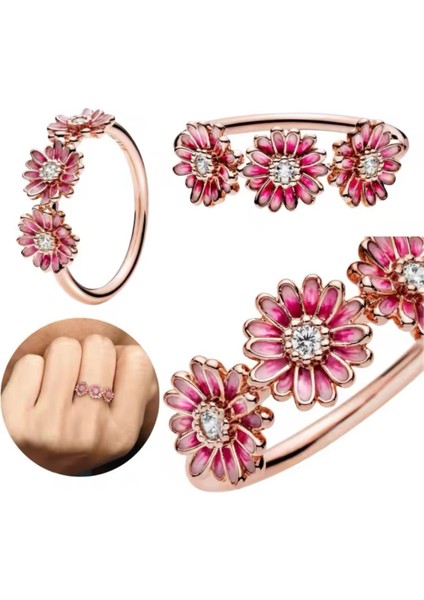 Gümüş Pembe Papatya Üçlemesi Yüzük fiyatları