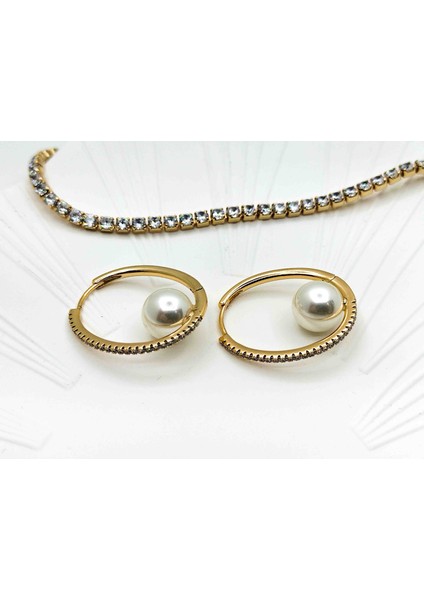 Xuping Gold Taşlı İncili Halka Küpe
