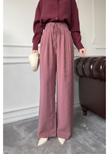 Beli Lastikli Bol Pantolon- Vişne