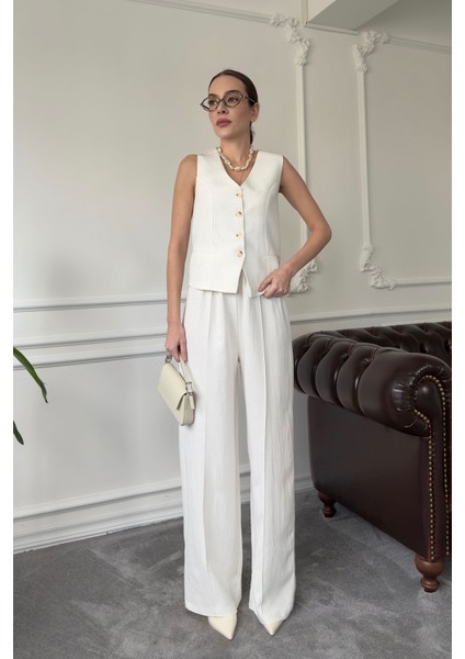 Yelekli Çizgili Tasarım Takım- Beyaz indirimleri