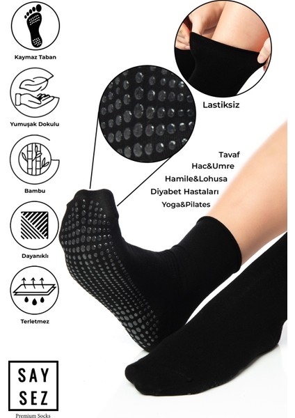 Bambu Kaydırmaz Taban Silikonlu Hac Umre Tavaf Hamile Pilates Yoga Lastiksiz Beyaz Çorap