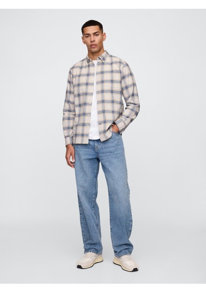 Erkek Gri Desenli Standard Fit Oxford Gömlek