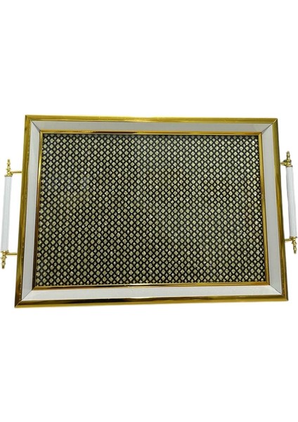 Ahşap Profil Kulplu Simli Cam Tepsi 25X40 cm 7979