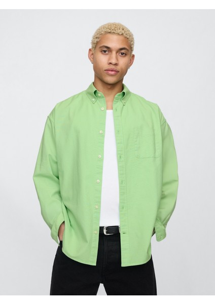 Erkek Yeşil Desenli Oxford Big Gömlek
