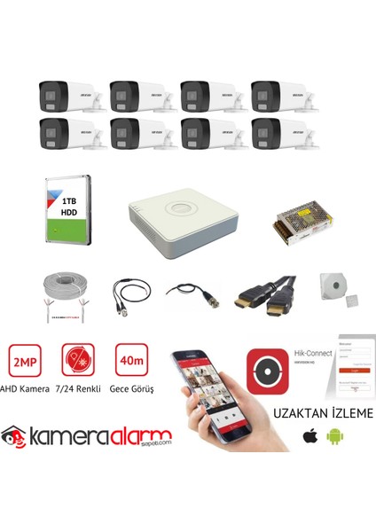 8 Kameralı 7/24 Renkli Görüşlü 2mp Ahd Güvenlik Kamerası - 40 Metre