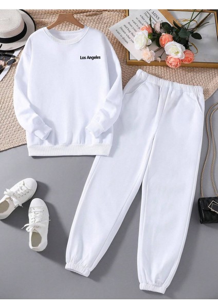 Eşofman Takımı Sweatshirt - Beyaz Baskılı Oversize Şardonlu Bisiklet Yaka Unisex
