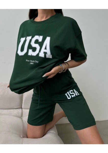 Usa T-Shirt Şort - Alt Üst Takım Şort Tişört Kombin Baskılı Bisiklet Yaka