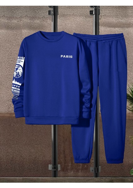 Paris Web Eşofman Takımı Sweatshirt Jogger - Sax Mavi Baskılı Oversize Şardonlu Bisiklet Yaka