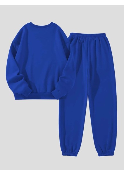 Paris Web Eşofman Takımı Sweatshirt Jogger - Sax Mavi Baskılı Oversize Şardonlu Bisiklet Yaka
