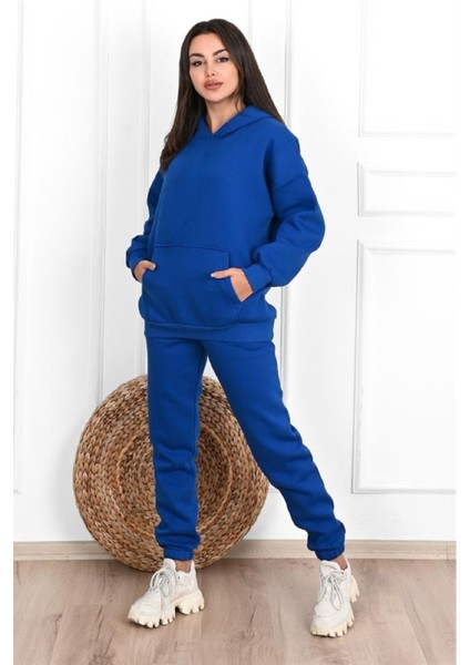 Basic Düz Eşofman Takımı Sweatshirt Jogger - Sax Mavi Oversize Şardonlu Kapüşonlu