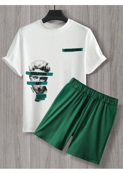 Art T-Shirt Şort - Beyaz Yeşil Alt Üst Takım Şort Tişört Kombin Baskılı Bisiklet Yaka