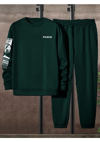 Paris Web Eşofman Takımı Sweatshirt Jogger - Nefti Yeşil Baskılı Oversize Şardonlu Bisiklet Yaka