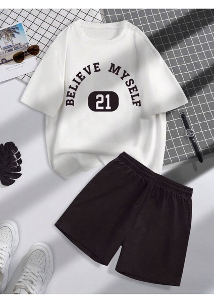 Believe 21 T-Shirt Şort - Beyaz Siyah Alt Üst Takım Şort Tişört Kombin Baskılı Bisiklet Yaka