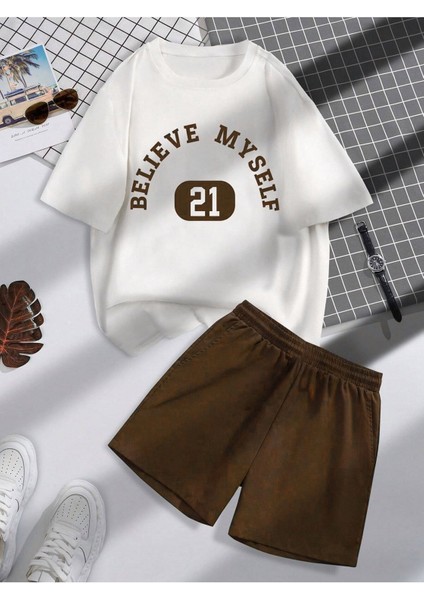 Believe 21 T-Shirt Şort - Beyaz Kahverengi Alt Üst Takım Şort Tişört Kombin Baskılı Bisiklet Yaka