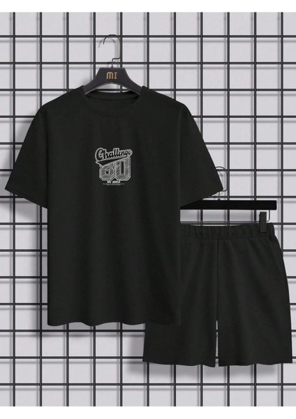 Challange 80 T-Shirt Şort - Siyah Alt Üst Takım Şort Tişört Kombin Baskılı Bisiklet Yaka