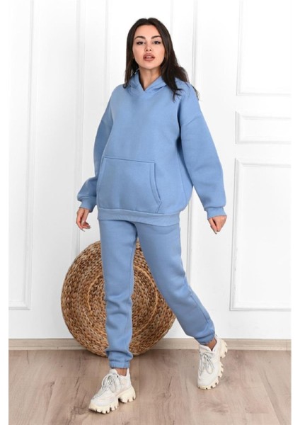Basic Düz Eşofman Takımı Sweatshirt Jogger - Bebe Mavisi Oversize Şardonlu Kapüşonlu