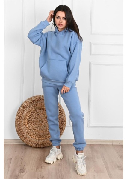 Basic Düz Eşofman Takımı Sweatshirt Jogger - Bebe Mavisi Oversize Şardonlu Kapüşonlu