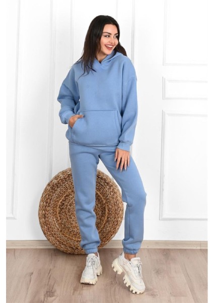 Basic Düz Eşofman Takımı Sweatshirt Jogger - Bebe Mavisi Oversize Şardonlu Kapüşonlu