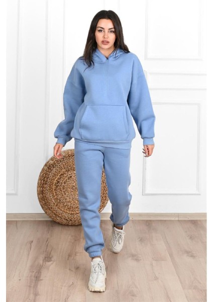 Basic Düz Eşofman Takımı Sweatshirt Jogger - Bebe Mavisi Oversize Şardonlu Kapüşonlu