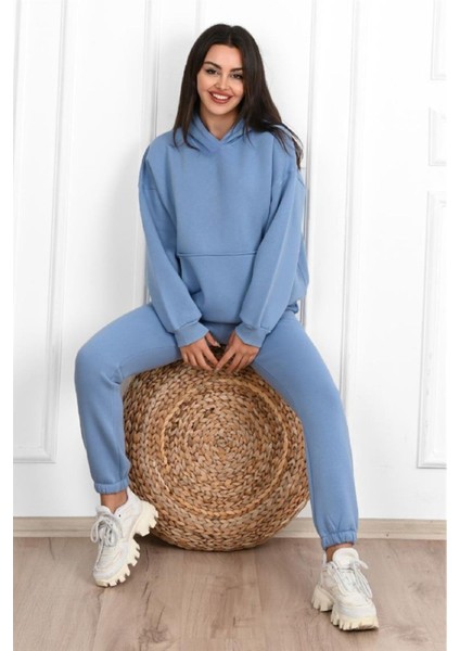 Basic Düz Eşofman Takımı Sweatshirt Jogger - Bebe Mavisi Oversize Şardonlu Kapüşonlu