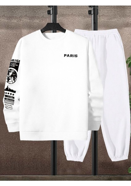 Eşofman Takımı Sweatshirt Jogger - Beyaz Baskılı Oversize Şardonlu Bisiklet Yaka