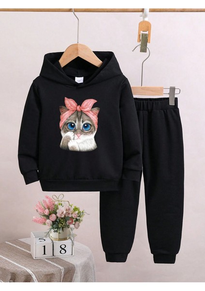 Tatlı Kedi Baskılı Pamuk Çocuk Kapüşonlu Takım - Siyah Jogger Baskılı Kız Erkek Çocuk