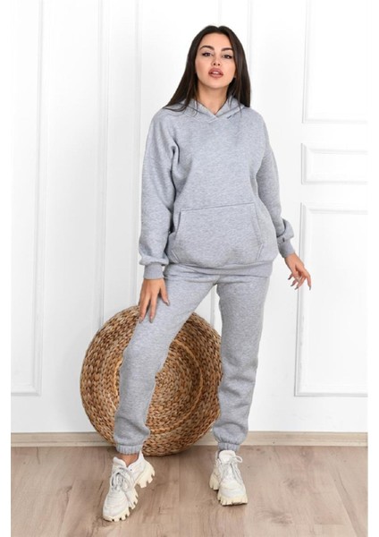 Basic Düz Eşofman Takımı Sweatshirt Jogger - Gri Oversize Şardonlu Kapüşonlu