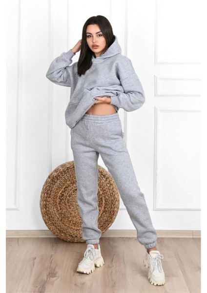 Basic Düz Eşofman Takımı Sweatshirt Jogger - Gri Oversize Şardonlu Kapüşonlu
