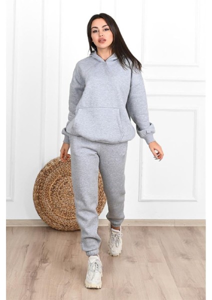 Basic Düz Eşofman Takımı Sweatshirt Jogger - Gri Oversize Şardonlu Kapüşonlu