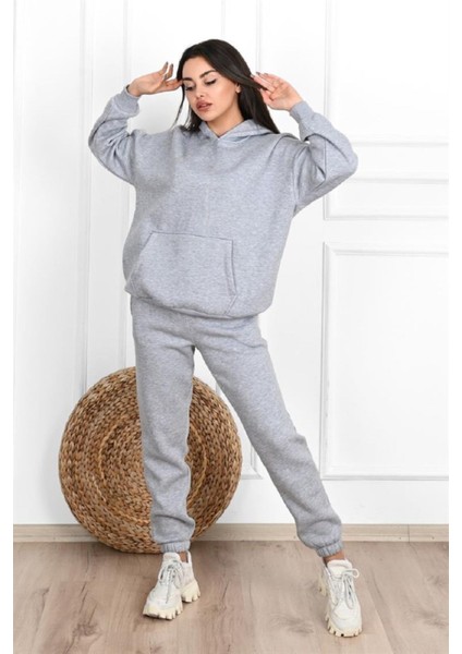 Basic Düz Eşofman Takımı Sweatshirt Jogger - Gri Oversize Şardonlu Kapüşonlu
