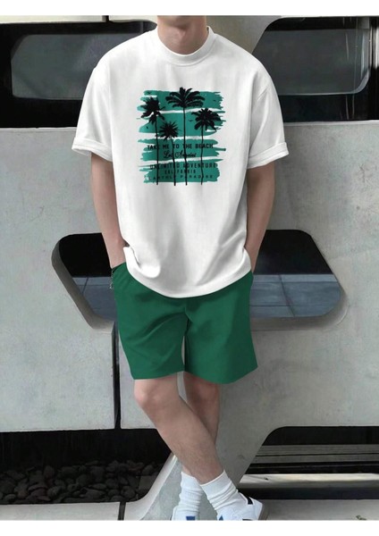 Beach Adventure T-Shirt Şort - Beyaz Yeşil Alt Üst Takım Şort Tişört Kombin Baskılı Bisiklet Yaka