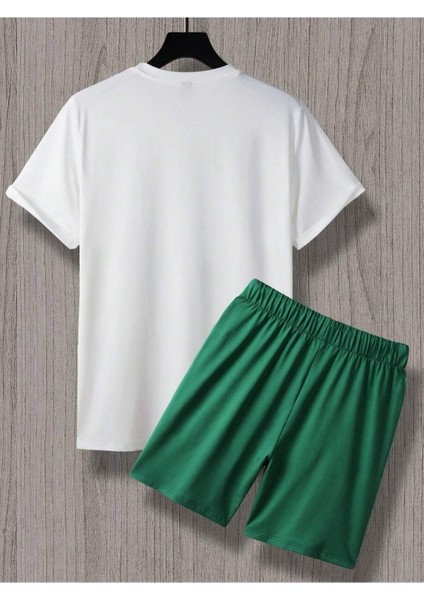 Beach Adventure T-Shirt Şort - Beyaz Yeşil Alt Üst Takım Şort Tişört Kombin Baskılı Bisiklet Yaka fiyatları