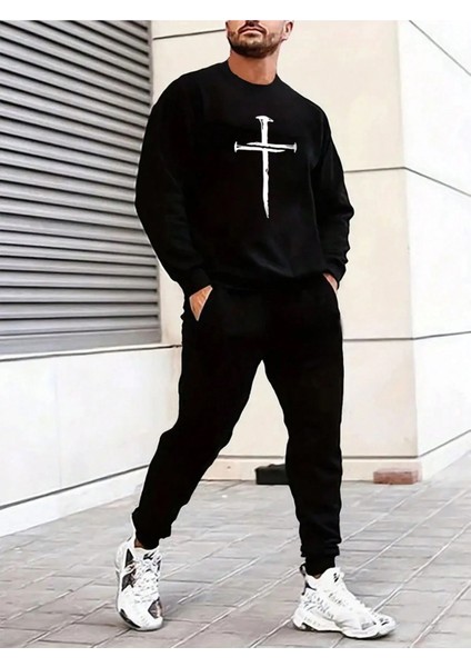 Büyük Kılıç Eşofman Takımı Sweatshirt Jogger - Siyah Baskılı Oversize Şardonlu Bisiklet Yaka