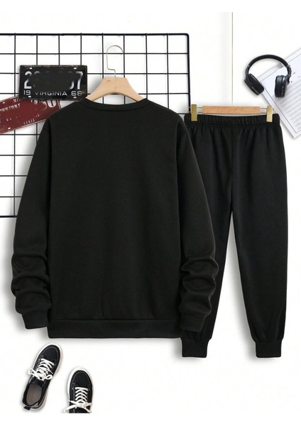 Büyük Kılıç Eşofman Takımı Sweatshirt Jogger - Siyah Baskılı Oversize Şardonlu Bisiklet Yaka fiyatları