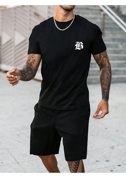 B Logo T-Shirt Şort - Siyah Alt Üst Takım Şort Tişört Kombin Baskılı Bisiklet Yaka