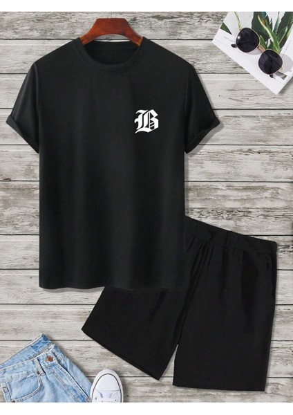 B Logo T-Shirt Şort - Siyah Alt Üst Takım Şort Tişört Kombin Baskılı Bisiklet Yaka