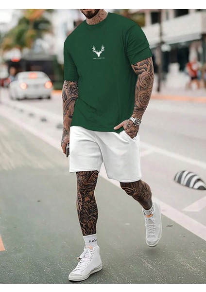 Geyik Logo T-Shirt Şort - Nefti Yeşil Beyaz Alt Üst Takım Şort Tişört Kombin Baskılı Bisiklet Yaka